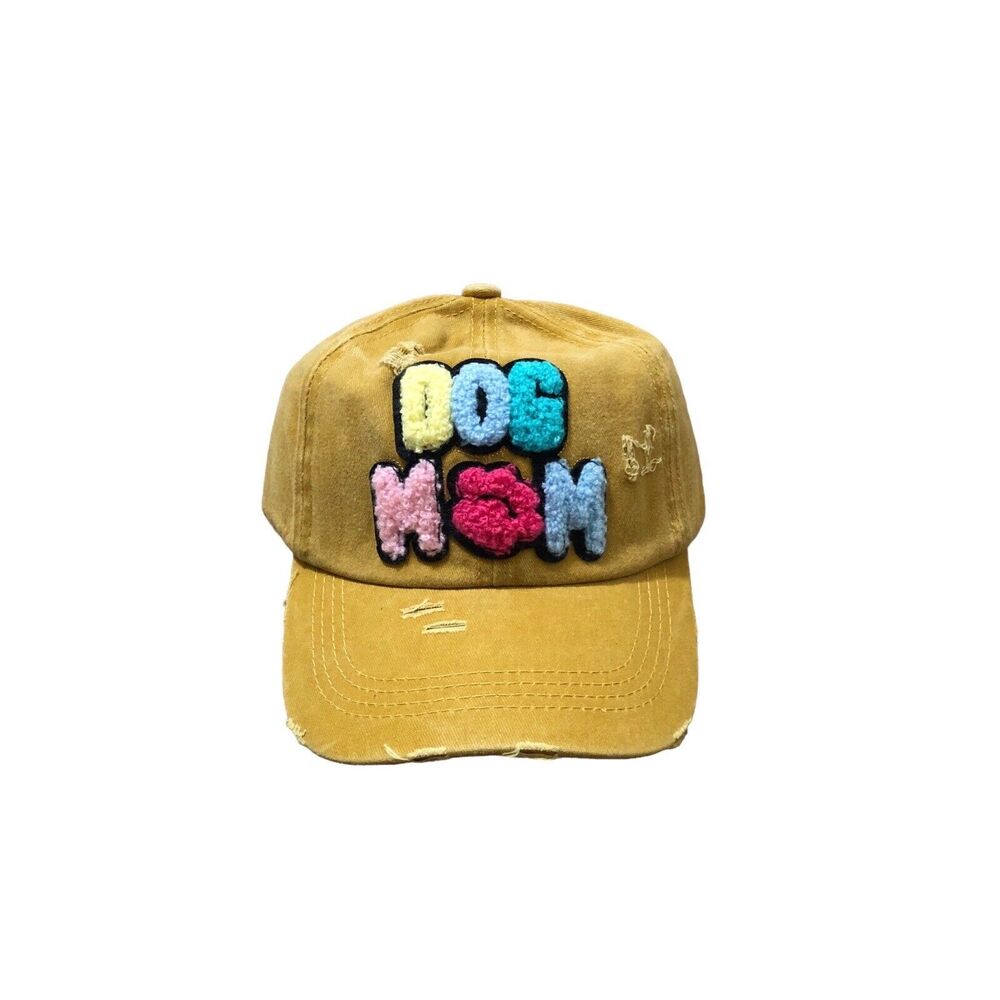 Dog Mom Mustard Yellow Distressed Ripped Vintage Dad Hat Baseball Cap
